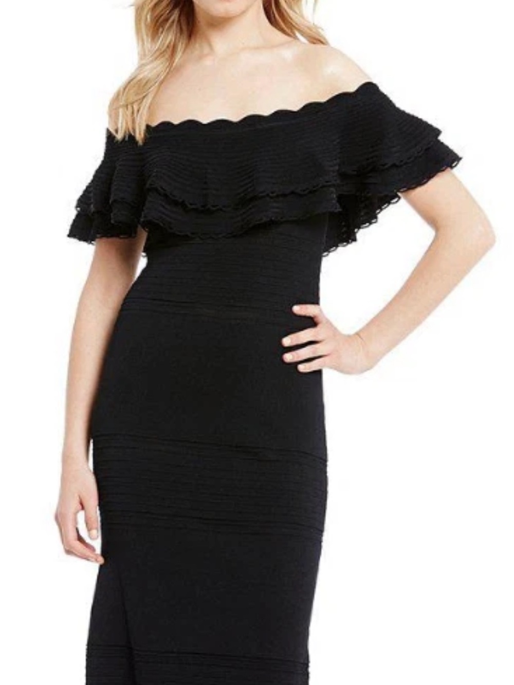 Eliza J Off-the-Shoulder Black Ruffle Bodycon Dress